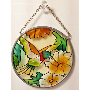 Stained Glass Window Hanging, Green Hummingbird Sun Catcher Symbol Hope Renewal